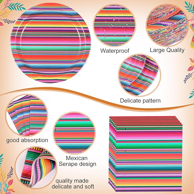 Funnymoom 452 Pcs Cinco De Mayo Party Decoration for 50 Guest, Mexican Serape Paper Plates Napkins Cups Tablecloth Cutlery Straws Fiesta Disposable Tableware Set for Mexico Birthday Party Supplies