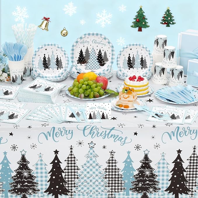 Funnymoom 452 Pcs Light Blue Christmas Party Decoration for 50, Plaid Gingham Tree Blue Xmas Paper Plates Napkins Cups Tablecloth Cutlery Straws for Winter Holiday Baby Shower Birthday Party Supplies
