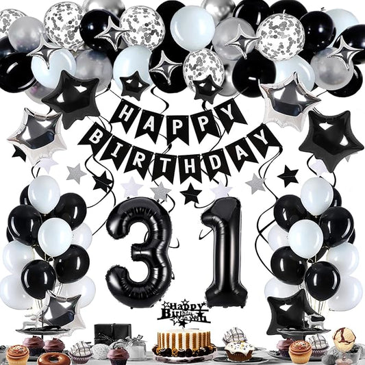 31st Birthday Decorations for Men Women, Black White and Silver Happy 31 Party Decor Set with 31 Number Foil Balloons, Banner, Cake Topper for Him Her