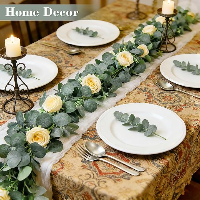 2 Pack 13FT Spring Artificial Eucalyptus Flower Garland with Champagne Roses, Fake Flower Greenery Floral Vines Green Garland for Wedding Arch Table Runner Backdrop Mantle Home Decorations (Champagne)