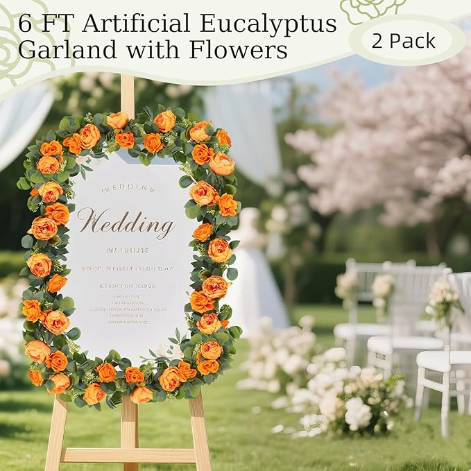 Lewondr Artificial Eucalyptus Garland with Flower - 8 Rose 8 Peony, 2Pcs 13FT Faux Floral Greenery Garlands Fake Flowers Vines, Maintenance-Free for Table Shelf Backdrop Party Room Decor, Orange