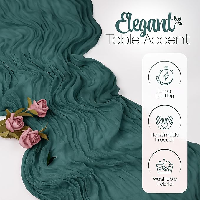 12 Pack Emerald Green Cheesecloth Table Runners 10FT Long – 35 x 120 Inch Boho Gauze Table Runners for Engagement, Wedding, Baby Shower & Home Decor – Soft Wrinkled Polyester Fabric