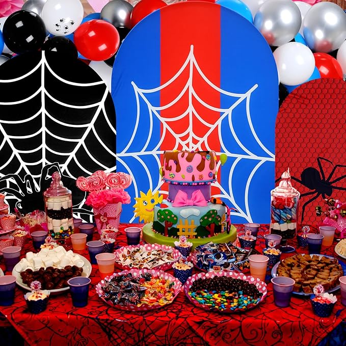 Foilswirl 34 Pcs Spider Birthday Party Decorations 3 Spider Web Arch Backdrop Covers (4/5/6ft) Web Spandex Arch Cover with 30 Red Blue and Black Silver Balloons for Birthday Party Photo Props Decor