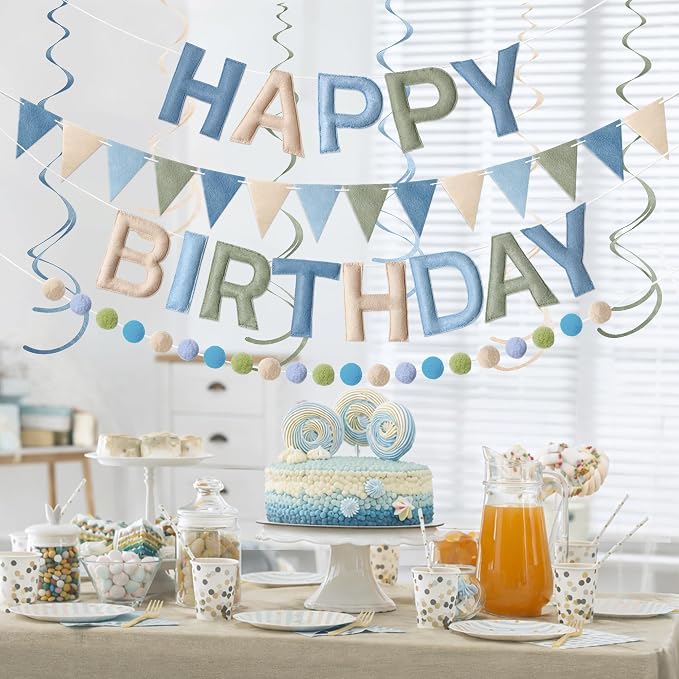 Kriyokiaa Pre-Strung Felt Happy Birthday Banner Dusty Blue Sage Green Happy Birthday Party Decorations with Pom Pom Garland, Flag and Hanging Swrils for Men Boys Party Decor