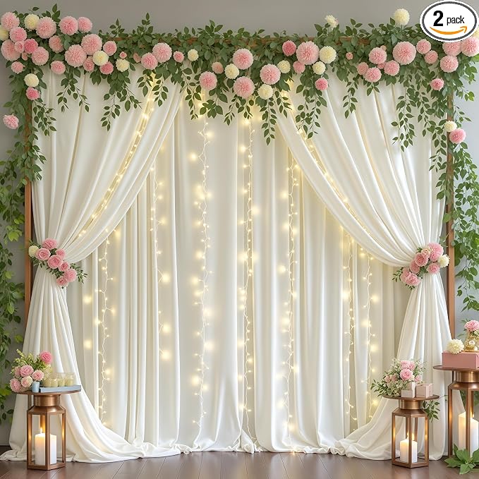 Cream White Backdrop Curtains with Lights for Wedding Parties,10x10FT Wrinkle Free Photo Backdrop Curtains Fabric Drapes for Baby Shower Ceremony Photography Photoshoot Decorations-5ft x 10ft 2 Panels
