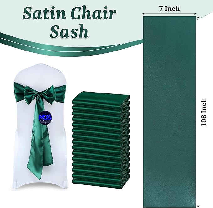 MDS Satin Chair Sashes, 125 Pack, 7”x108” Each, Decorative Chair Bows Ribbon Tie Backs for Wedding Party, Holiday Dinner, Birthday, Reception, Banquet, Hotel & Event Decoration - Hunter Green