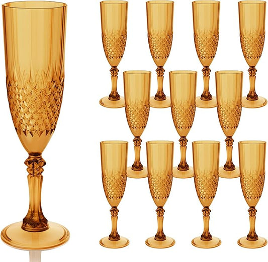 Plastic Champagne Flutes, Champagne Glasses Bulk, Reusable Unbreakable Acrylic Wine Glasses Goblets for Weddings Bachelor Parties Toasting Bridal Shower (12,Amber)