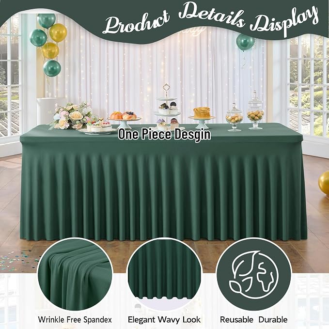 leegleri 4 Pack Hunter Green Spandex Table Clothes for 6 Foot Rectangle Tables, Wrinkle Free Fitted Table Cover 6ft Stretch Tablecloths with Skirt for Parties Weddings Birthday Banquet Baby Shower