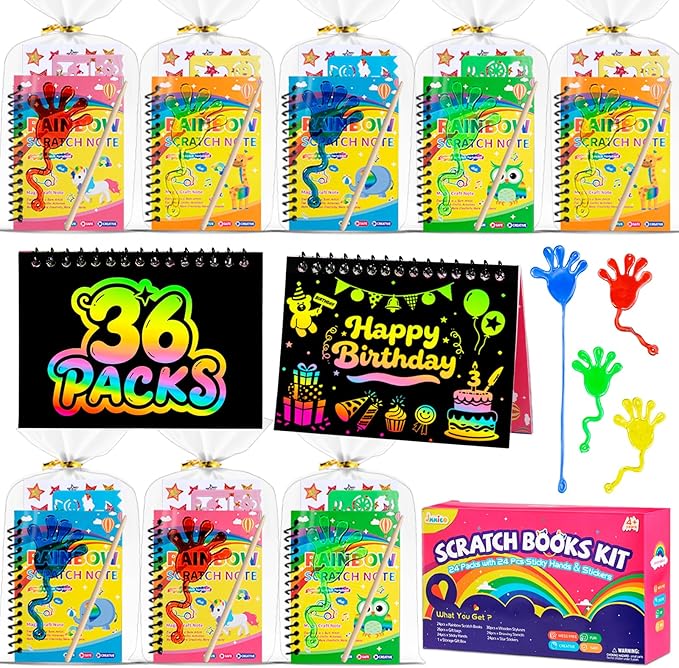 JMMICO 36*3 Packs Scratch Art Notebook+Sticky Hands+Stickers,Easter Party Favors for Kids 4-8-12,Return Gifts for Birthday Party Bulk Toys,Goodie Bags Stuffers, Classroom Prizes Students Gifts