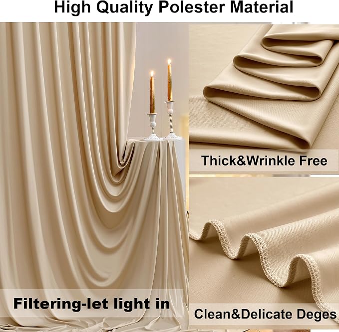 50ft x 10ft Wrinkle Free Beige Backdrop Curtains for Parties Weddings, 10 Panels 5×10ft Soft Silk Polyester Photo Backdrop Drapes for Birthday Baby Shower Baptism Photo Photography Background Cloth