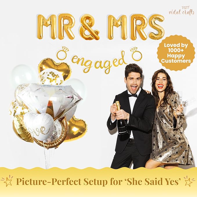 VIDAL CRAFTS Gold Engagement Party Decorations - White & Gold Decor with Engaged Banner, Mr and Mrs Balloons, Latex Heart Confetti Balloons, Engagement Ring Balloon