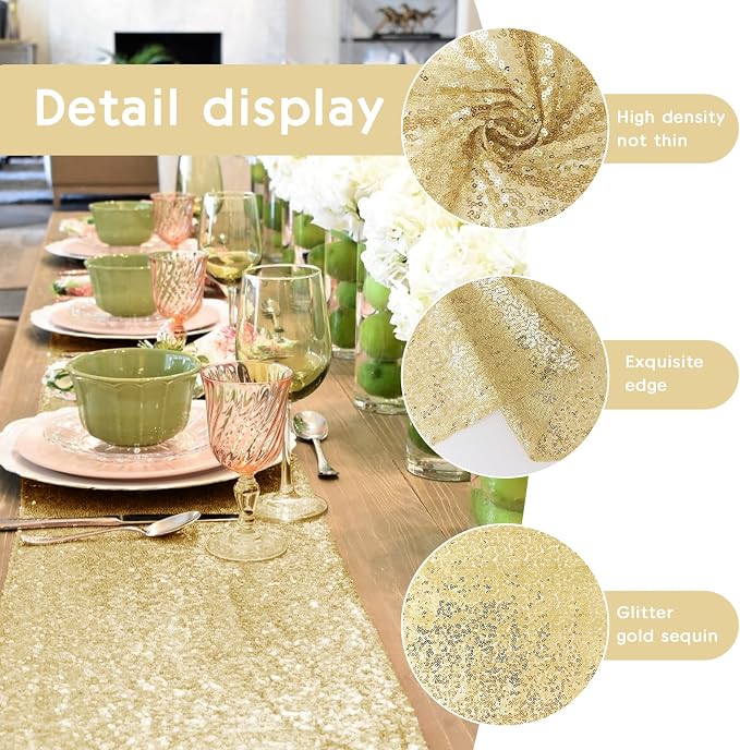 10 Packs 12 x 72 inches Sequin Table Runner, Gold Glitter Table Runner for Birthday Party Supplies Wedding Engagement Baby Shower Holiday Celebration Event Decorations