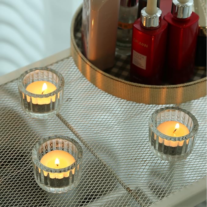 GOLDEAL 12Pcs Tealight Candle Holders,Clear Thick Glass Tea Light Candle Holder Decor,Candlestick for Wedding Decor,Party,Baby Shower Party,Bridal Shower Party,Table Centerpiece, Home Décor