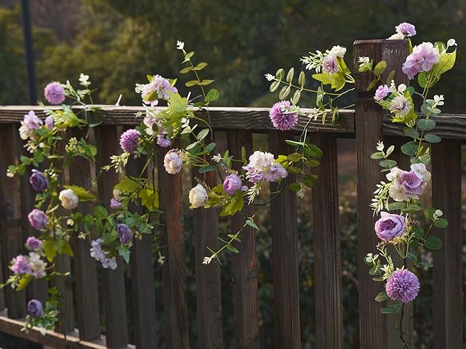 MISSPIN 5.9Ft Eucalyptus Garland with Flowers, Artificial Fake Flower Greenery Spring Garland for Baby Shower Wedding Mantle Table Centerpiece Spring Decor