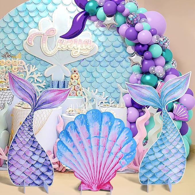 Large Mermaid Party Cutouts - 3Pcs Under The Sea Party Decoration Set 30 inch Mermaid Tail Shell Cardboard Stand Sign for Baby Shower Birthday Favor Photo Booth Prop