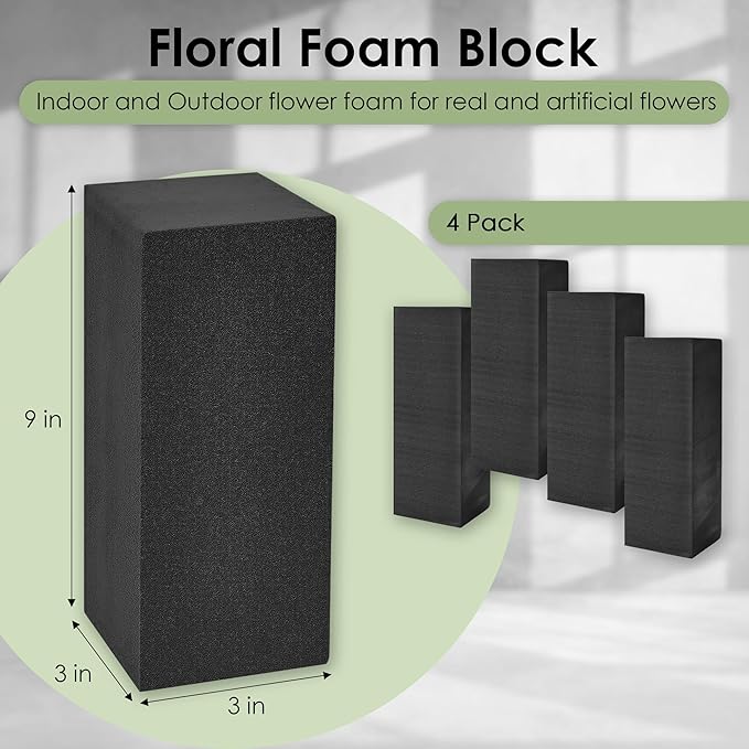 XCEL Floral Foam for Flower Arrangements Floral Foam Blocks - Reusable, Weather Resistant Craft Foam Fresh & Artificial Flower Arrangements, Styrofoam Block (Black 9" x 3" x 3" - 4 Pack)