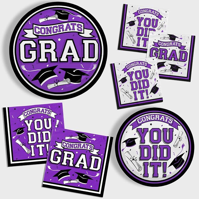 Graduation Party Supplies Dinnerware Set purple Disposable dinner paper plates dessert paper plates and Napkins for Congrats Grad Party Decorations, Serve 50
