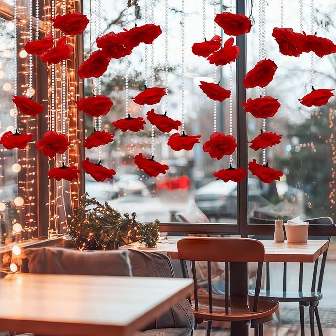 Norme 16pcs 31.4 Inch Red Rose Hanging Garland Crystal Beaded String Garland Artificial Rose Flower Decor for Mother's Day Ceiling Wedding Engagement Bridal Shower Party Decorations
