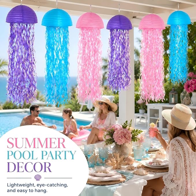 6-Pack Jellyfish Paper Lanterns, Pink Purple Blue Under The Sea Party Decorations, Mermaid Birthday Decorations for Girls, Ocean Themed Baby Shower, Pool & Beach Party Decor