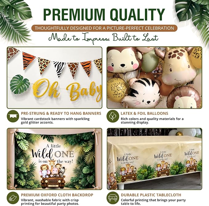 272 Pc Safari Baby Shower Decorations, Jungle Animal Party Set | Safari and woodland baby shower decorations; jungle and forest animal styles with backdrop, balloons, banner, sash