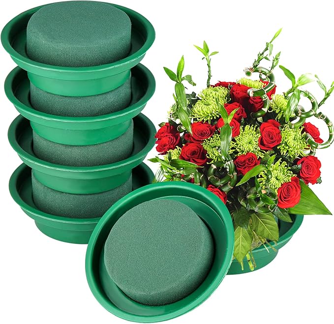 Hahood 16 Packs Floral Foam Rounds in Bowls DIY Flower Arrangement Kit Green Round Wet Flower Foam Blocks for Fresh and Artificial Flower Arrangements, Birthday Wedding Party Decors