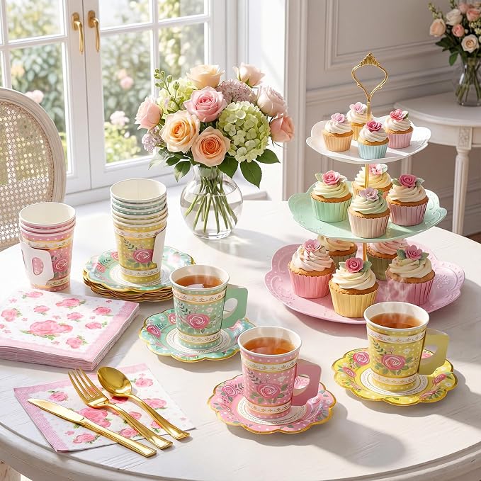 Layhit 83 Pcs Disposable Tea Party Set with 3 Tier Cake Stand Vintage Floral Paper Cups Plates Napkins Cutlery for Women Girls Birthday Baby Shower Bridal Shower Tea(Novel)