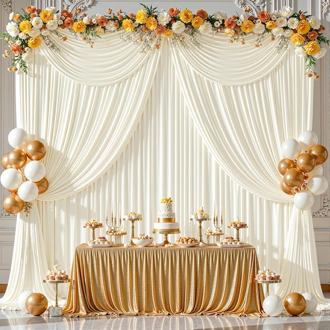 8 Panels Ivory Backdrop Curtains - Wrinkle Free Fabric Backdrop Curtain for Photoshoot, 10FT Wedding Party Photo Backdrop Drapes for Birthday Baby Shower Photography Stage Background Decorations
