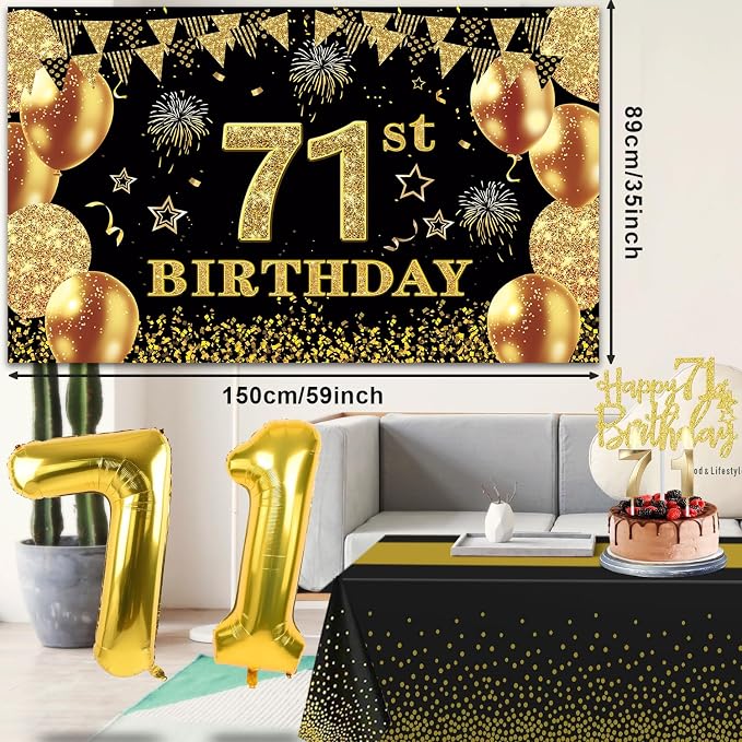 71st Birthday Decorations Men Women With 71st Birthday Banner, Black And Gold Table Cloth, Number Balloons, Sash, Cake Topper And Candles