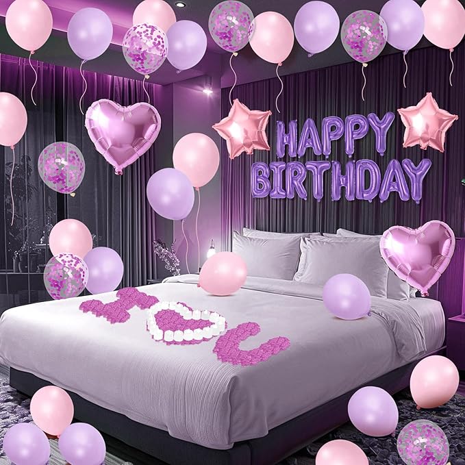 Purple Pink Happy Birthday Balloons Decorations Pink Purple Birthday Balloon Letters Banner with Star Heart Balloon 1000 Pcs Artificial Rose Petals 24 Flameless LED Candles for Birthday Party Supplies