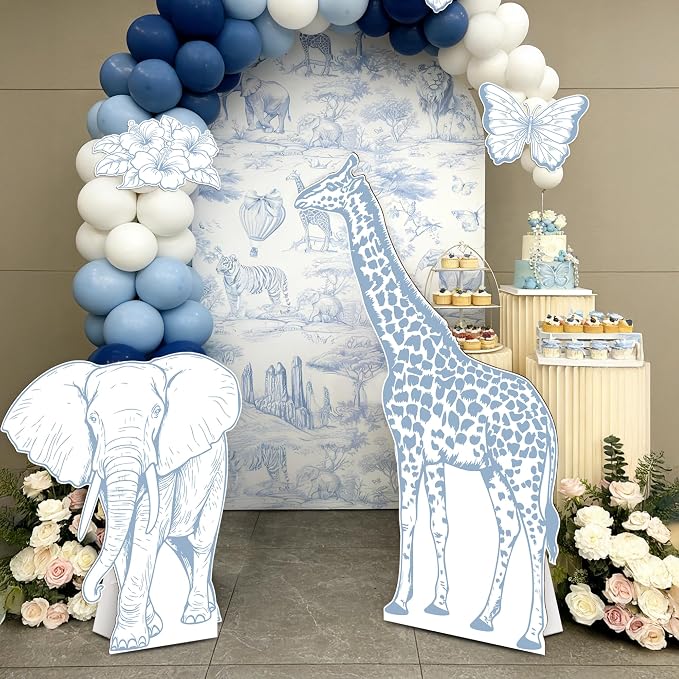 4PCS Blue Jungle Animal Cardboard Standee Set, Giraffe Elephant Cardboard Standee Cutouts, Safari Baby Shower Decorations for Birthday, Gender Reveal