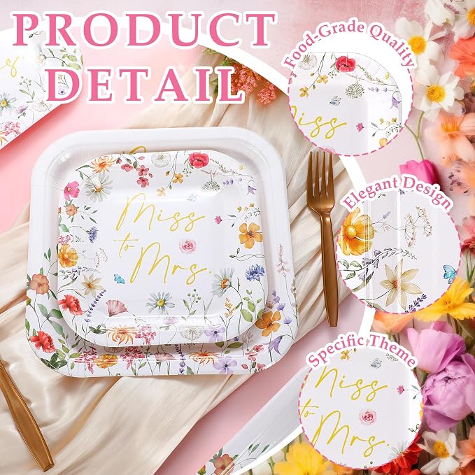 Umigy 100 Pcs Paper Plates Flower Dinner 9'' Floral Disposable Paper Plates 7'' Square Dessert Set for Dinner Birthday Wedding Baby Shower Party Tableware(Pink and Gold,Miss to Mrs)