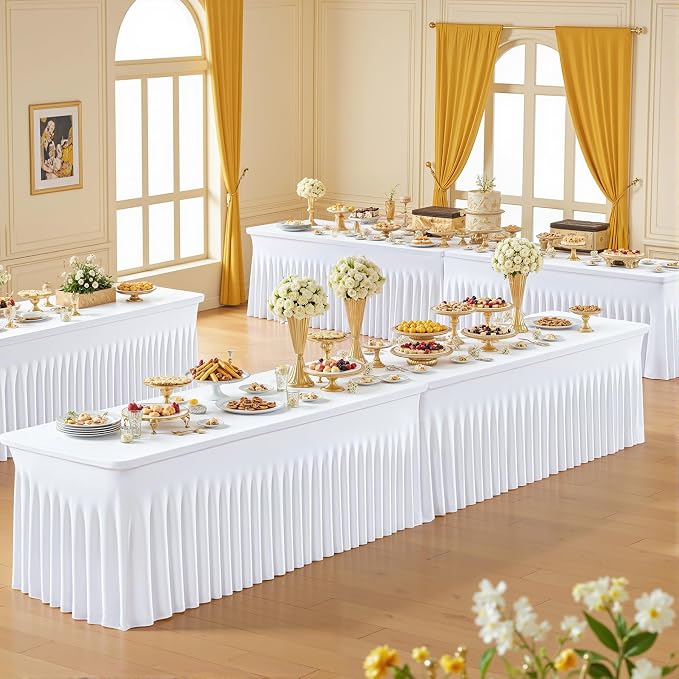 4 Pack 6ft White Spandex Tablecloths for Rectangle Tables Wrinkle Free White Rectangle Table Cloth, Stretch Fitted Table Cover with Skirt for Wedding Birthday Party Banquet Baby Shower Buffet Event