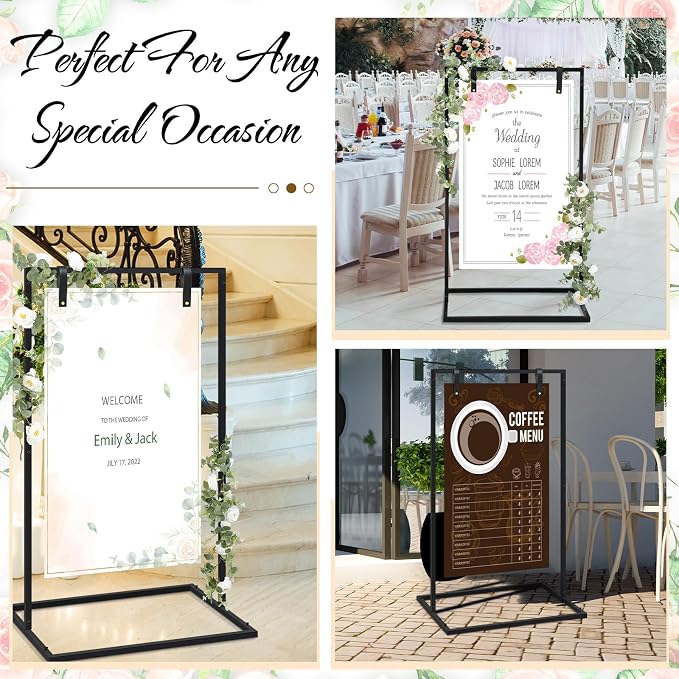 MorningRo Wedding Welcome Sign Stand 50”x30”x20” Welcome to Our Wedding Sign Holder with 2 Leather Straps Easel Stand for Signs Metal Display Poster Holder for Ceremony Party(Black)