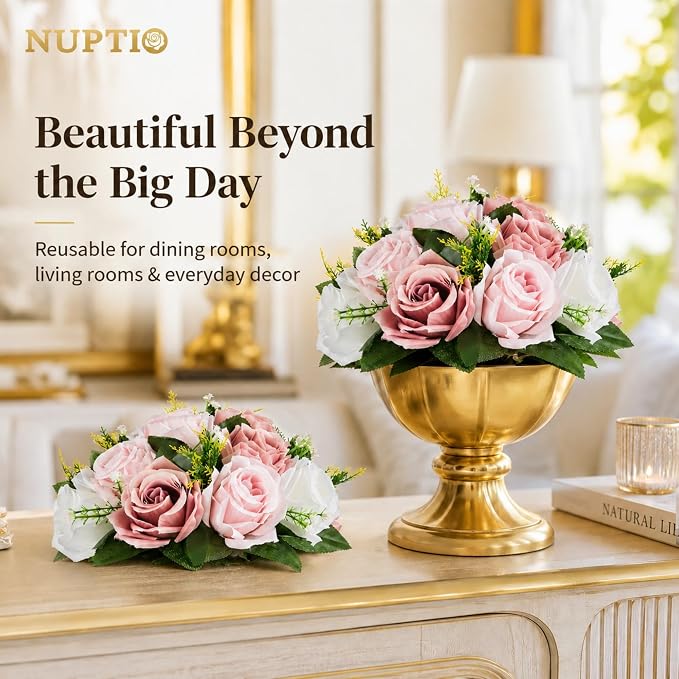 NUPTIO Flower Balls for Table Centerpieces: Dusty Pink & White Fake Flowers | 10 Pcs 9.5 inch Diameter, Artificial Rose Bouquet Arrangements, for Wedding, Birthday Party, Bridal Shower Decorations