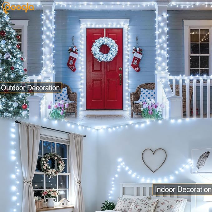 Pooqla 2 Pack String Lights Battery Operated, Total 33.3ft 100 LED Fairy Lights Indoor Outdoor Decorations, 8 Modes Cool White Battery Christmas Lights for Bedroom Classroom Porch Party Yard Decor