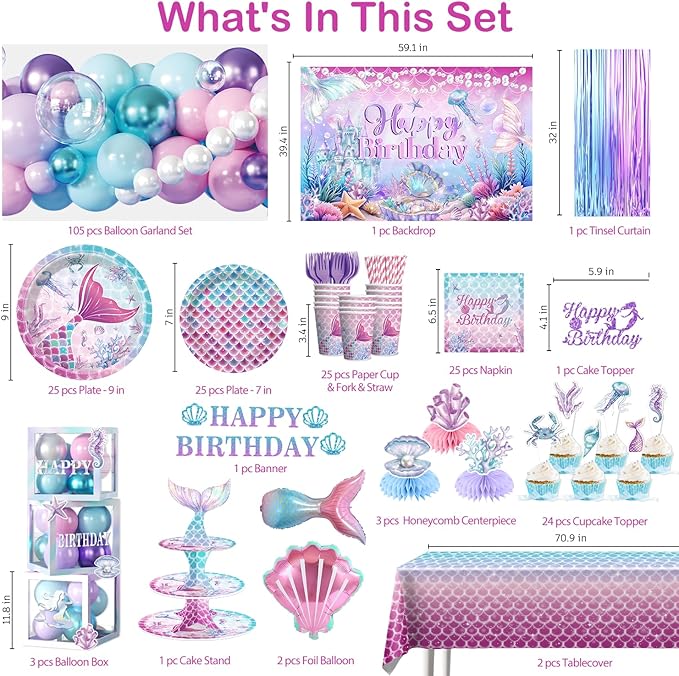 295Pcs Mermaid Birthday Decorations Serve 25, Mermaid Party Decorations Include Balloon Garland Arch, Plates, Tablecloth, Cake Topper, Cupcake Stand, Cupcake Toppers, for Under The Sea Party