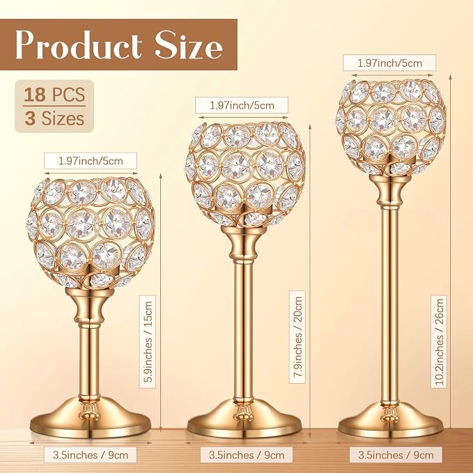 Qunclay 18 Pieces Crystal Candle Holders Bulk Candle Stick Holder Centerpieces for Table Wedding Centerpieces Crystal Decorative Tealight Dining Table Decor for Party(Gold)
