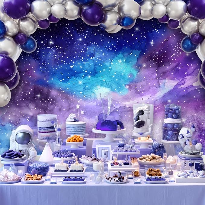 Starry Sky Backdrop Watercolor Romantic Outer Space Galaxy Universe Planet Night Star Deep Purple Blue Photography Background Decoration for Kids Birthday Fabric Photo Shoot Studio Props