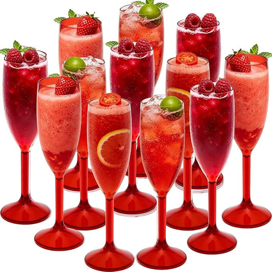 12 Pcs Champagne Flutes 5.4OZ Plastic Champagne Glasses Wine Glasses Plastic Goblets for Parties Mimosa Bar Glasses Stemmed Drinking Cups for Wedding Celebration Christmas Birthday Bride (Clear Red)