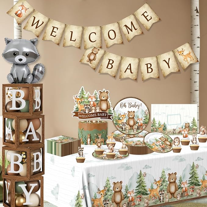 Woodland Baby Shower Decorations,273pcs Woodland Animals Baby Shower Plates and Napkin Sets Banner Backdrop Tablecloth Cake Topper Box Balloon Garland for Forest Birthday Decorations