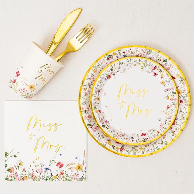 Crisky Bridal Shower Plates and Napkins Gold Miss to Mrs Floral Disposable Paper Tableware Set of 24 for Wedding Bridal Shower Decorations (9" & 7" Plates, Napkin, Cups, Tablecloth, Knife & Fork)
