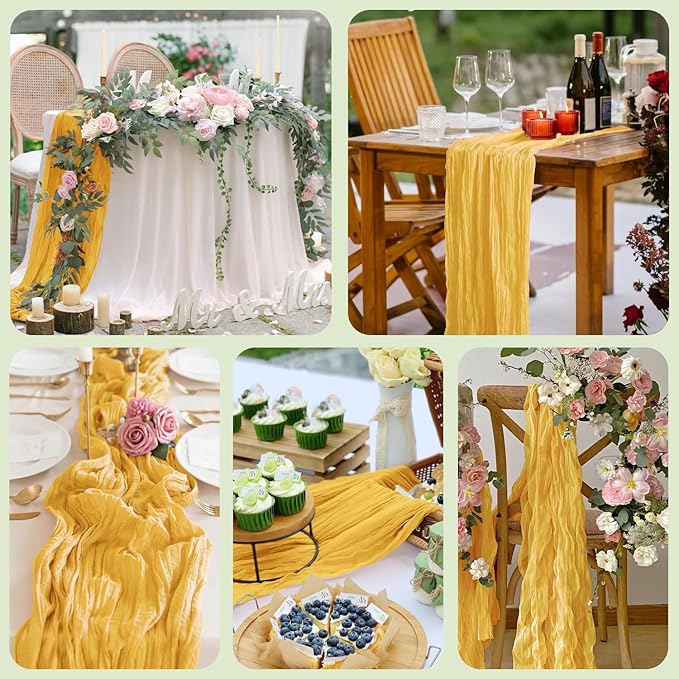 12PCS Table Runner Cheesecloth 10FT Gold Boho Gauze Cheese Cloth Rustic Sheer Table Runners for Wedding Bridal Baby Shower Party Decoration