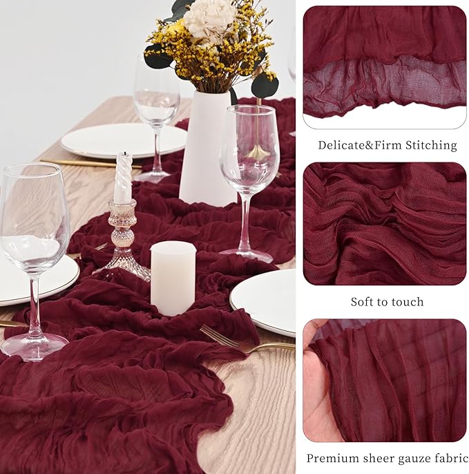 10 Pack Burgundy Table Runner 10Ft Cheesecloth Table Runner Boho Gauze Cheese Cloth Table Runners Romantic Long Sheer Fabric Table Runners for Wedding Party Bridal Shower(Burgundy)