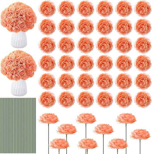 Thiccywoov 200 Pcs Flowers Long Stem Artificial Rose Bulk, 3.2 Inches Silk Rose Head Flowers Faux for Wedding Bridal Bouquet Independence Day Home Floral DIY Centerpieces Party Decoration(Peach)