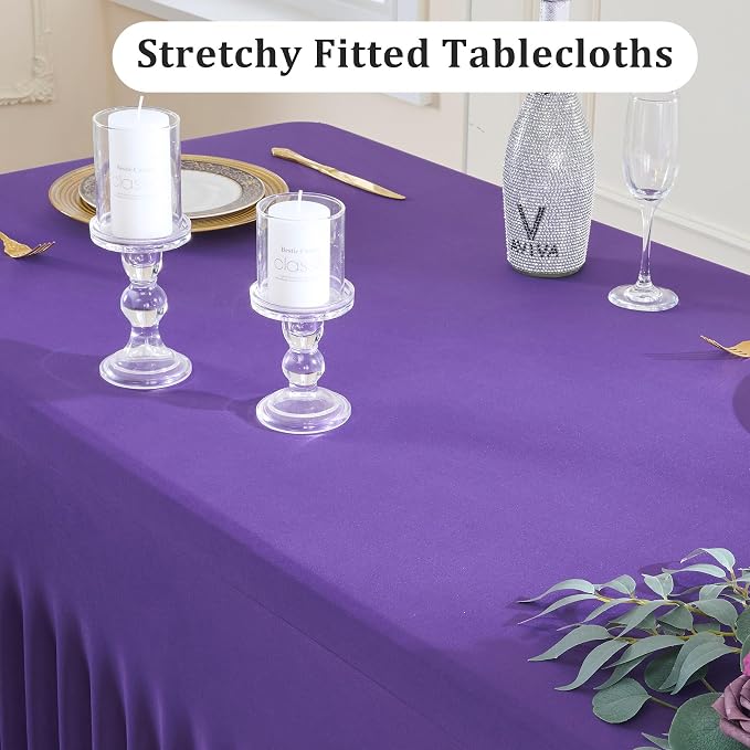 4 Pack Purple Spandex Tablecloths for 6 Foot Rectangle Tables, Wrinkle Free Stretchy Table Cloths 6ft Fitted Table Cover DeskSkirt for Weddings Birthday Party Banquet Baby Shower