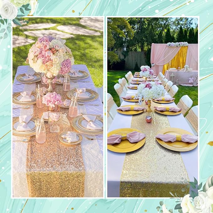 54 Pieces of Gold Sequin Chair Ribbons and Table Runners, 48 Sequin Chair Bows, 6 Glitter Table Runners, Suitable for Wedding Parties Birthday Meeting Events Decorations (Gold)