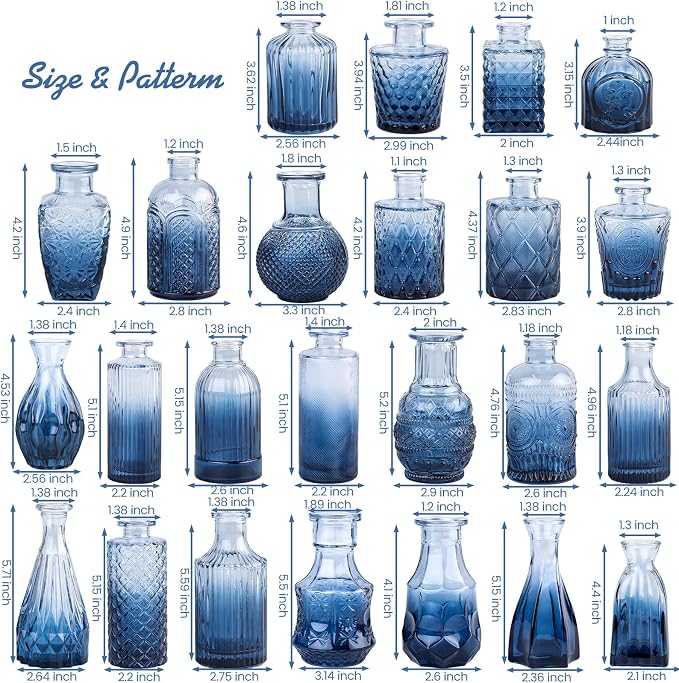 TBWIND 24Pcs Blue Glass Bud Vases Set, Small Vases for Flowers, Perfect for Centerpieces at Parties, Baby Showers, Weddings, Events, Graduation Season, Great Gifts for Office & Home Décor