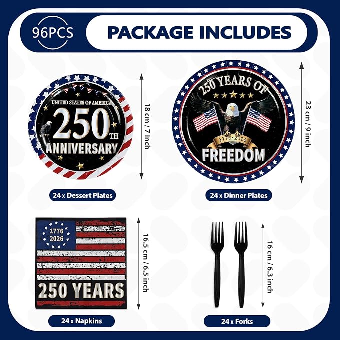 96 Pcs 250 Anniversary USA Party Decorations Patriotic Red and Blue America Flag Plates and Napkins Disposable 4th of July Tableware for USA 250th Patriotic Independence Day Party Supplies Serves 24