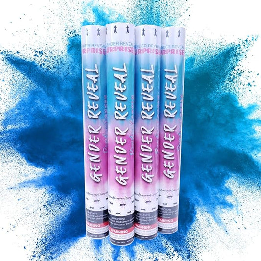 Gender Reveal Surprise - Blue Powder Cannon Bundle - Easy to Use Blue Powder Cannon for Baby Gender Reveal Parties - Includes 8 Balloon Decorations - 16 Inch - 4 Pack