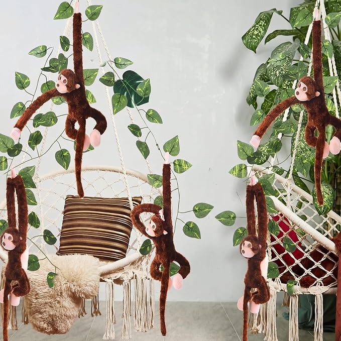 6 Pcs Hanging Monkey Stuffed Animal Jungle Classroom Party Decoration with 12 Pcs 7.22ft Artificial Vine Plush Hook and Loop Fastener for Kids Rainforest Safari Birthday VBS(Dark Brown,21 Inch)